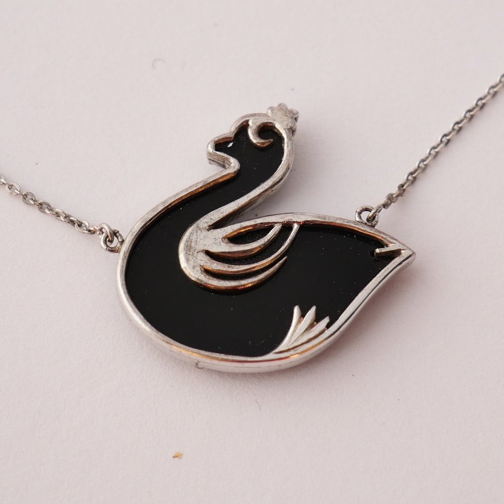 Black Onyx Swan Pendant 14K White Gold Necklace